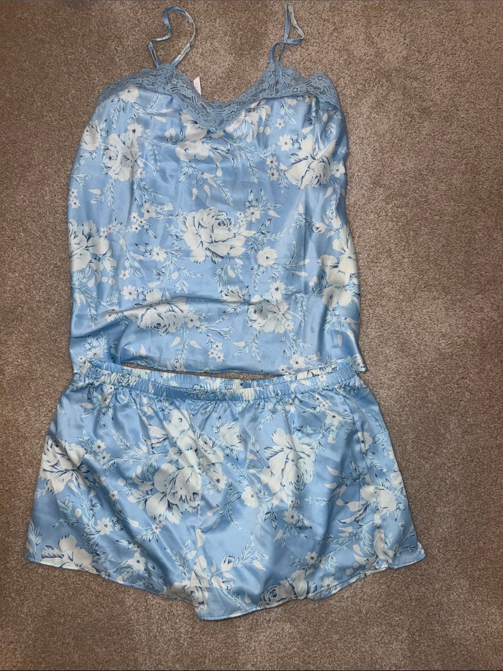Light Blue Floral Satin Pajama Set - Feminine Floral Print